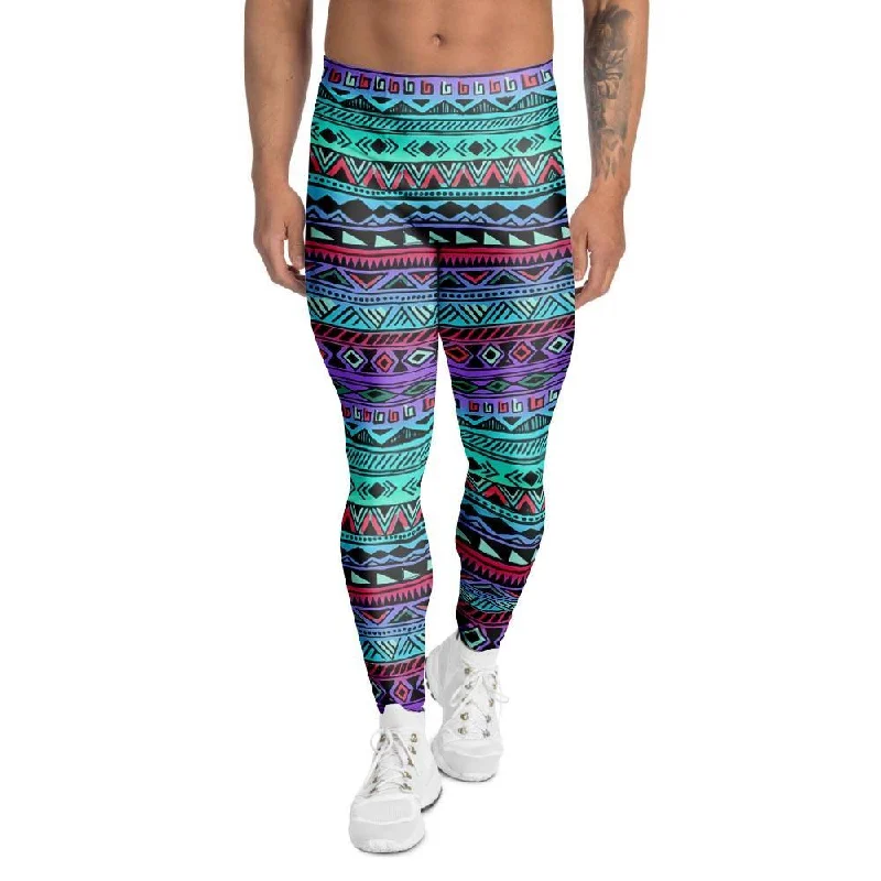 Colorful Neon Tribal Aztec Hand Drawn Men's Leggings