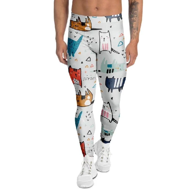 Cute Cartoon Doodle Cat Print Men's Leggings