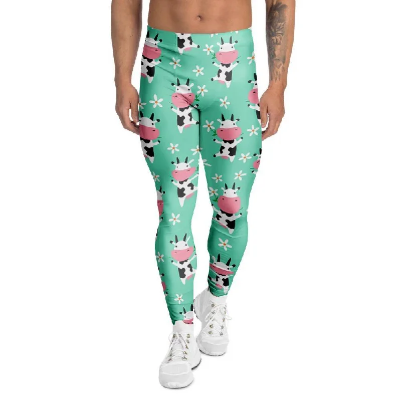 Cute Cow Floral Print Men's Leggings