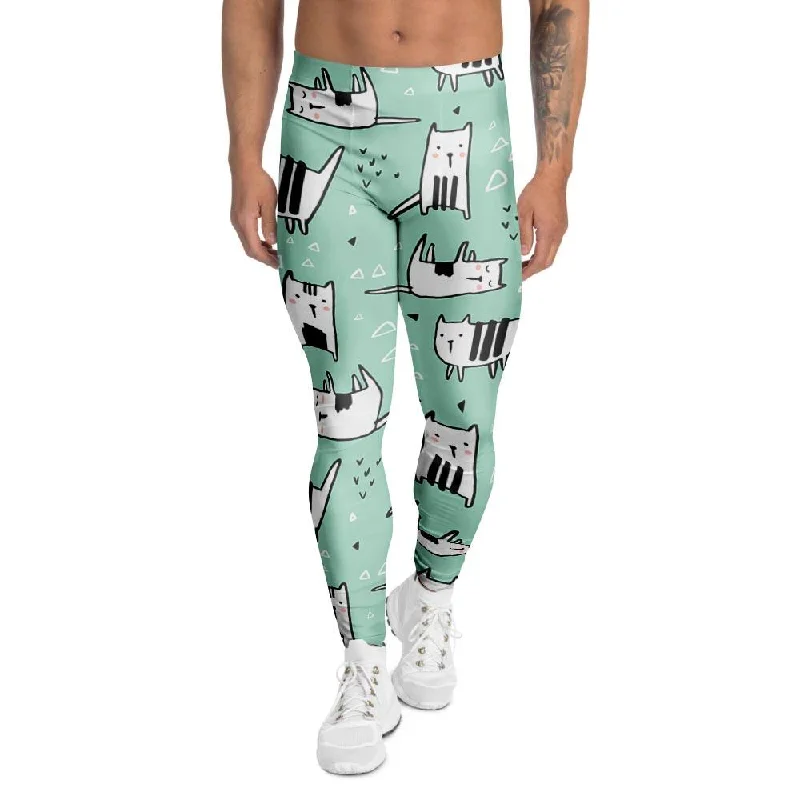 Cute Green Doodle Cat Print Men's Leggings