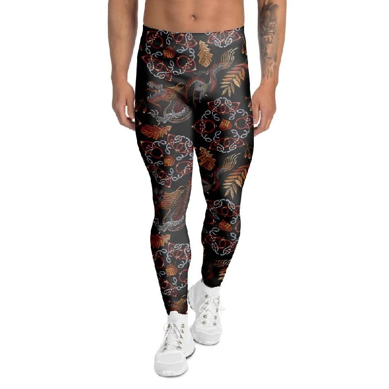 Embroidery Japanese Dragon Print Men's Leggings