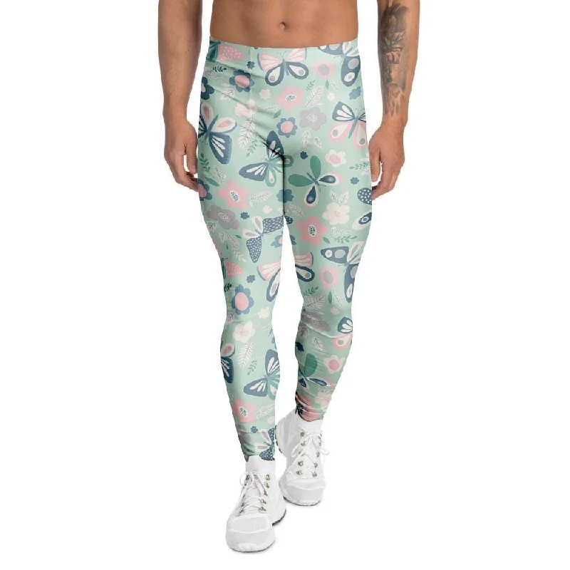 Floral Mint Butterfly Print Men's Leggings