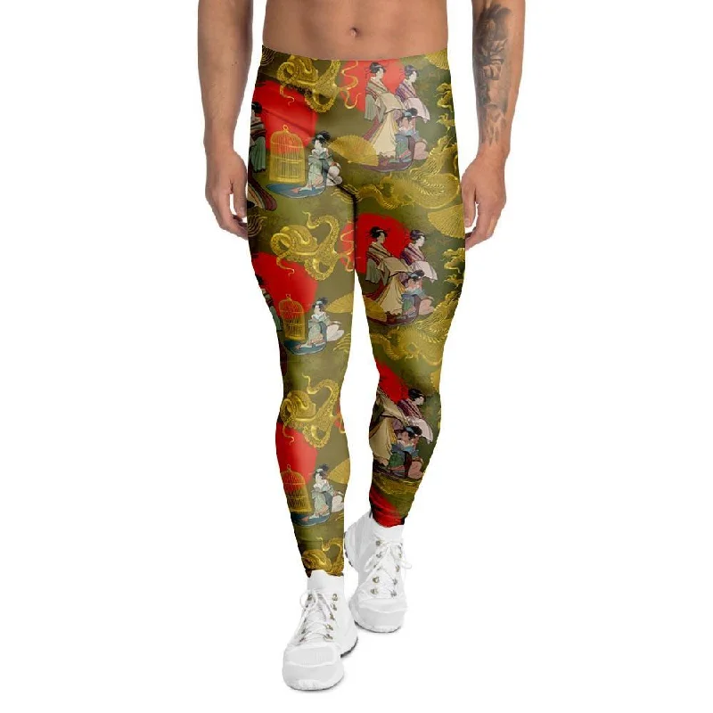 Geisha Japanese Dragon Print Men's Leggings