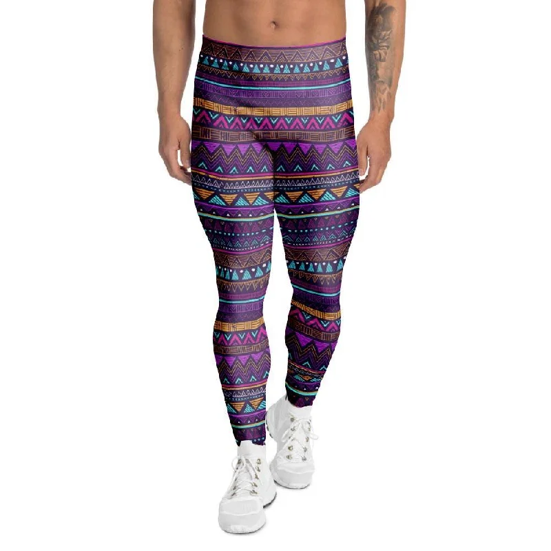 Multicolor Native Aztec Doodle Striped Men's Leggings