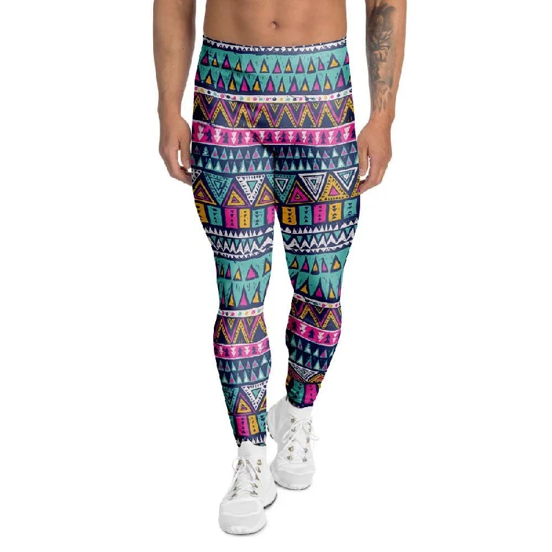 Multicolor Native Aztec Trippy Striped Men's Leggings