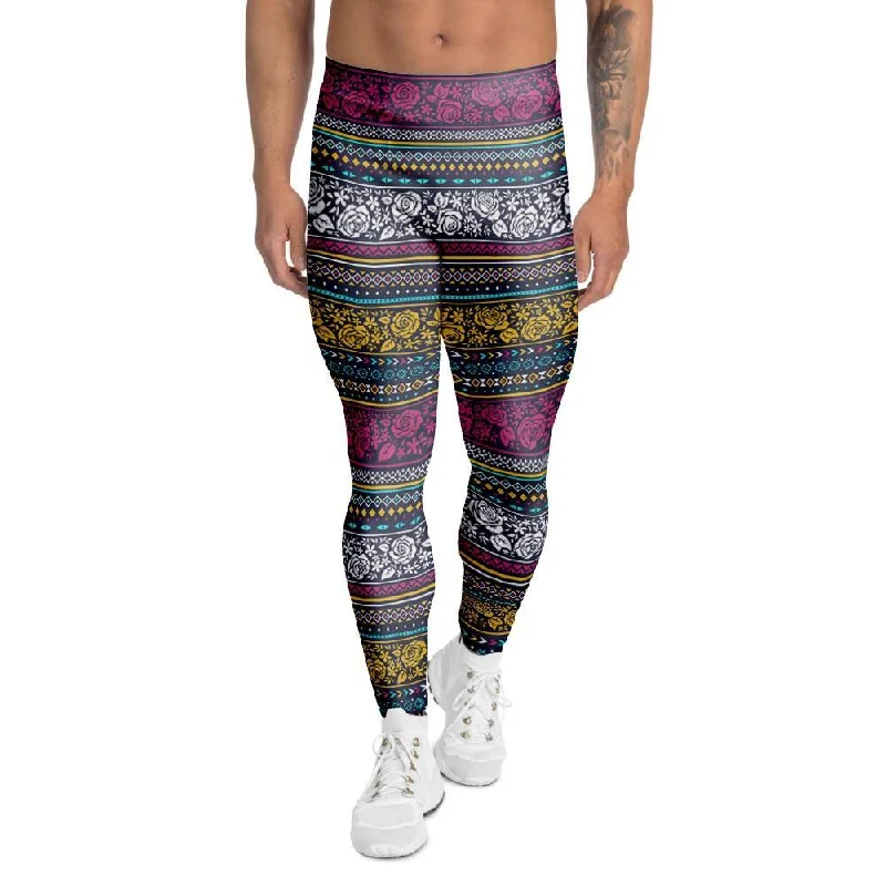 Multicolor Rose Floral Abstract Tribal Aztec Men's Leggings