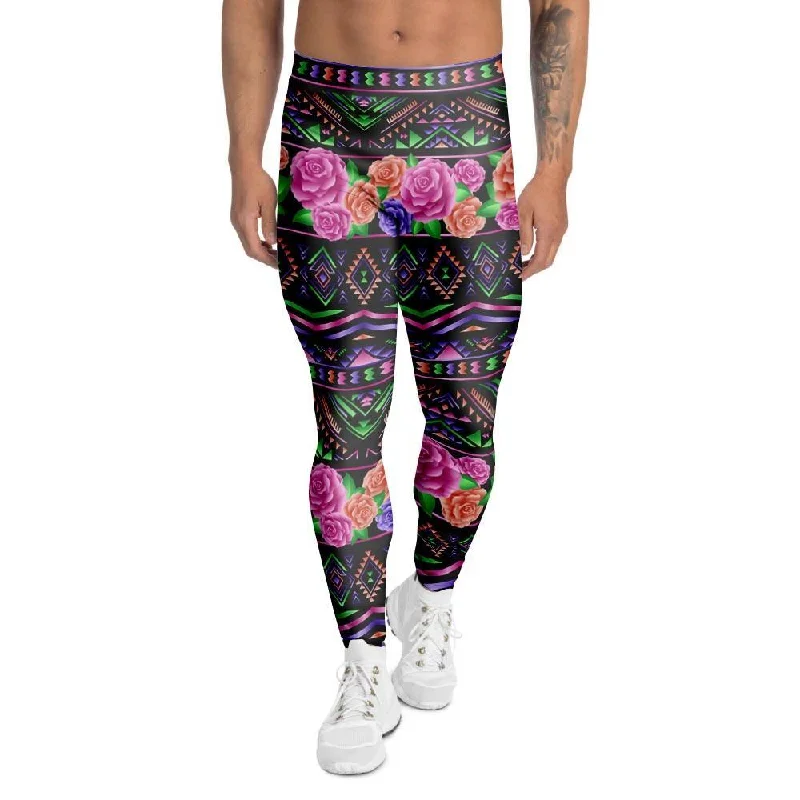 Multicolor Roses Ethnic Tribal Aztec Men's Leggings