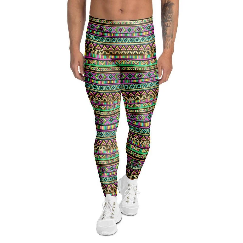 Neon Multicolor Ethic Aztec Aztec Grunge Geometric Print Men's Leggings