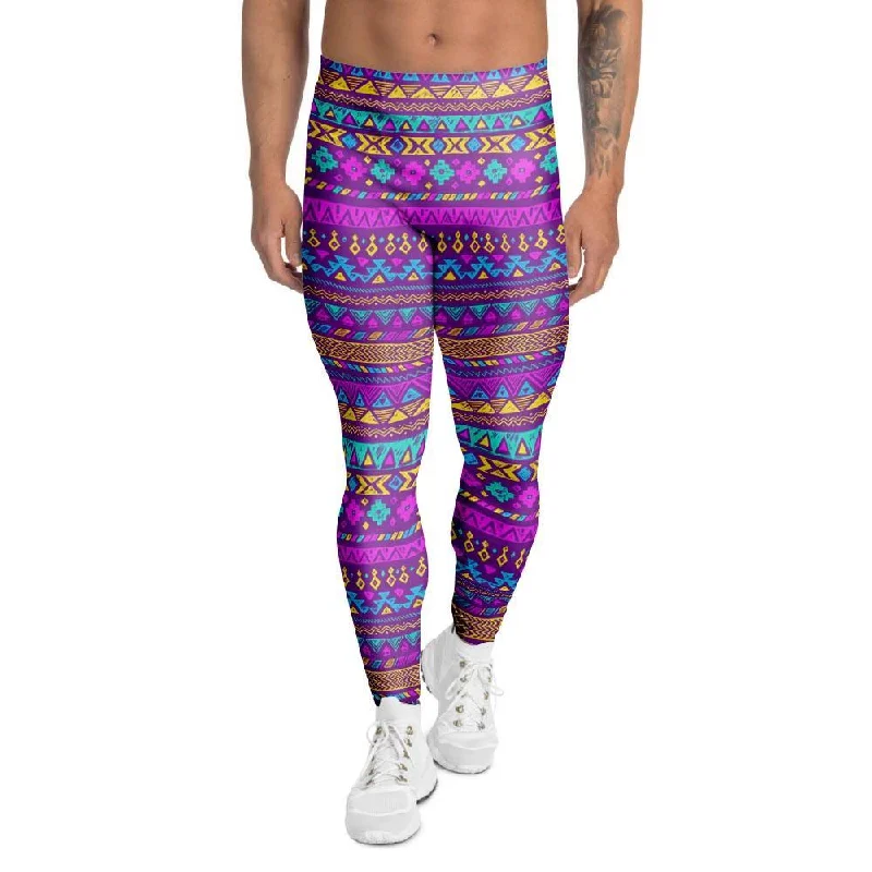 Neon Multicolor Ethic Aztec Doodle Print Men's Leggings