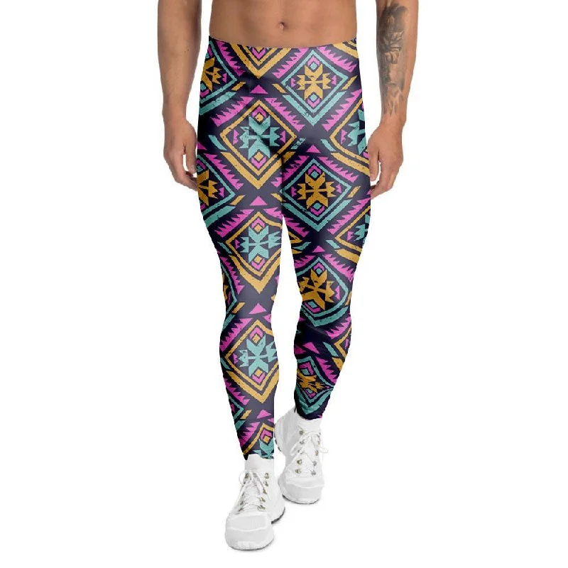 Neon Multicolor Ethic Aztec Grunge Print Men's Leggings