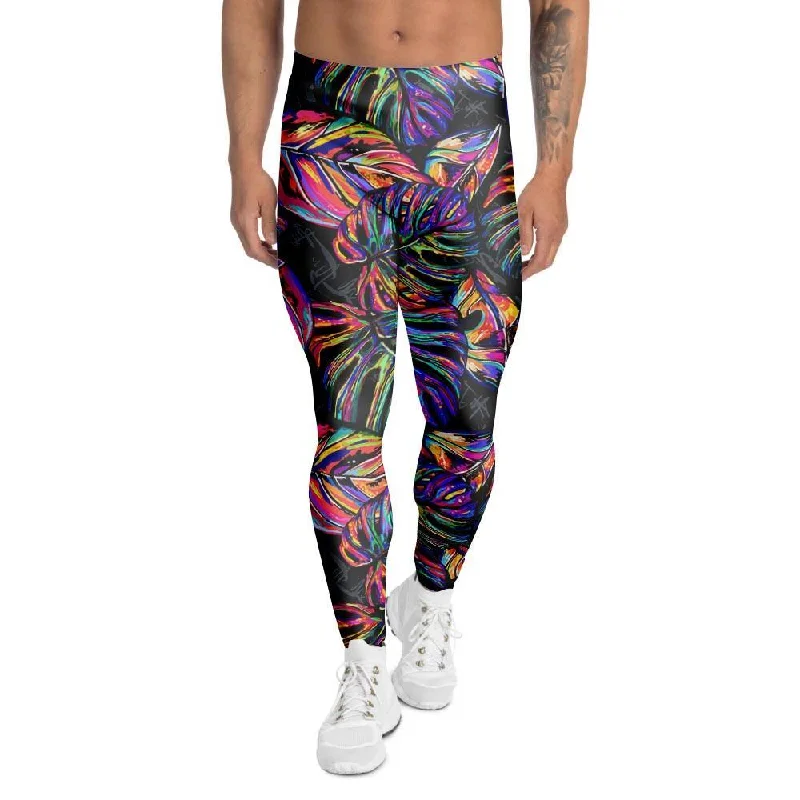 Neon Multicolor Palm Leaf Print Men's Leggings