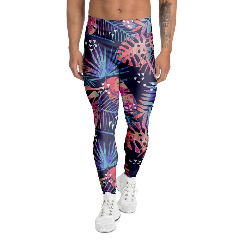 Neon Palm Leaf Hawaiian Print Men's Leggings