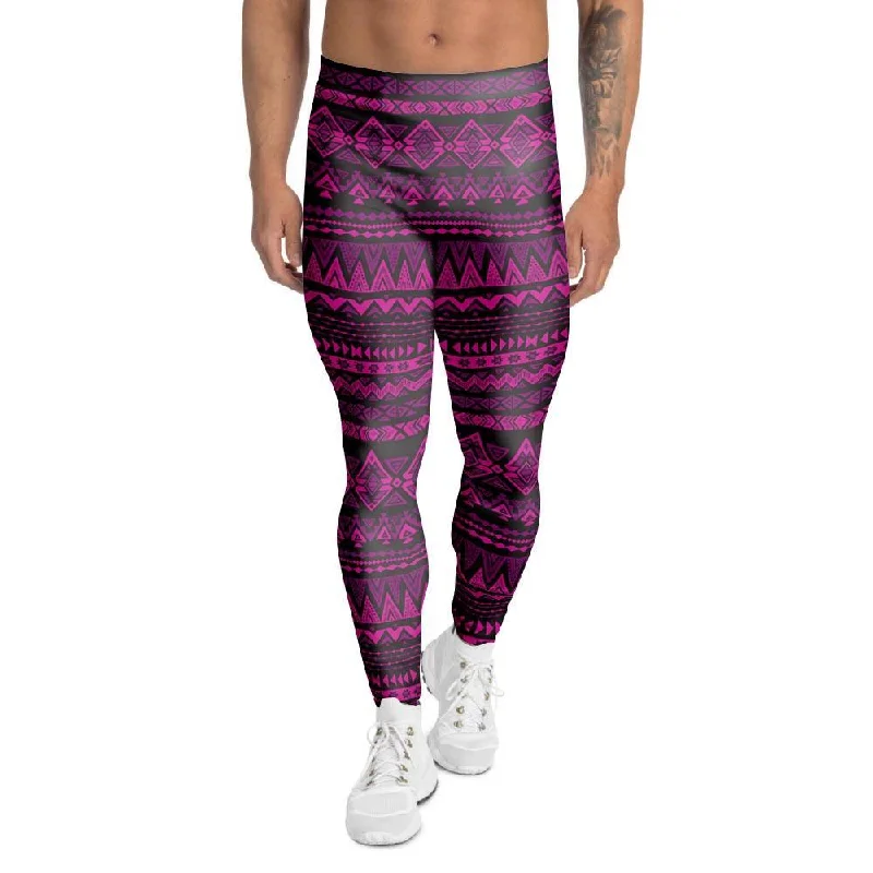 Neon Pink Ethic Aztec Print Men's Leggings