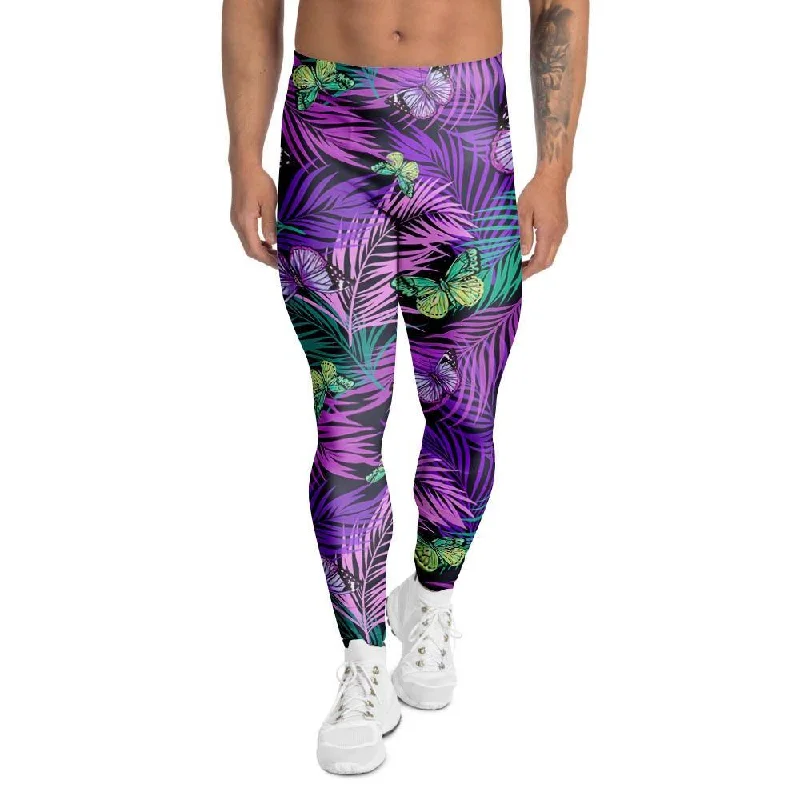 Neon Purple Tropical Palm Tree Butterfly Print Men's Leggings