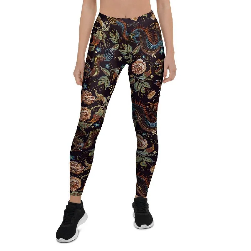 Vintage Chinese Dragon Floral Print Women's Leggings