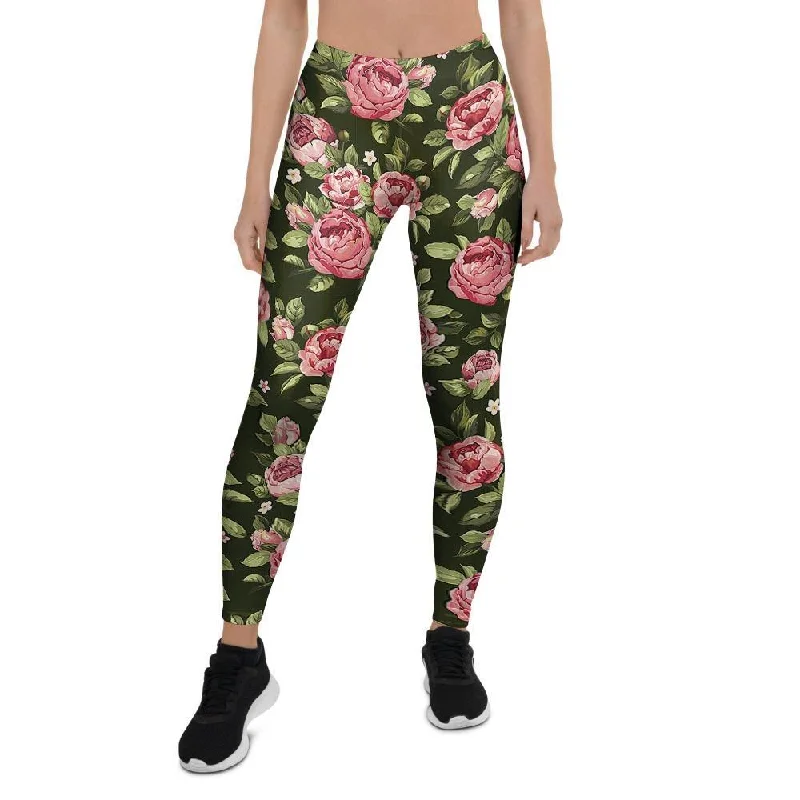 Vintage Pink Rose Floral Print Women's Leggings