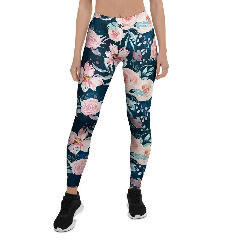 Watercolor Pink Rose Floral Women's Leggings