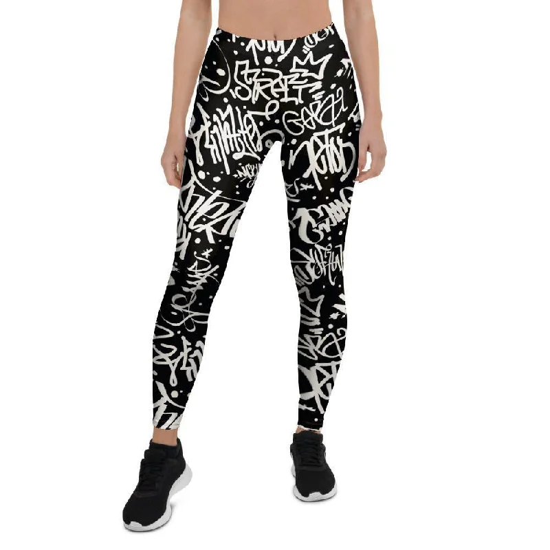 White And Black Graffiti Doodle Text Print Women's Leggings