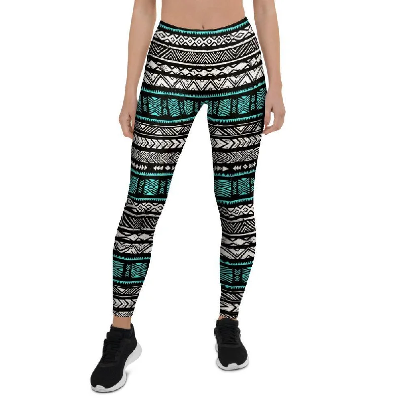 White and Turquoise Tribal Navajo Hand Drawn Women's Leggings