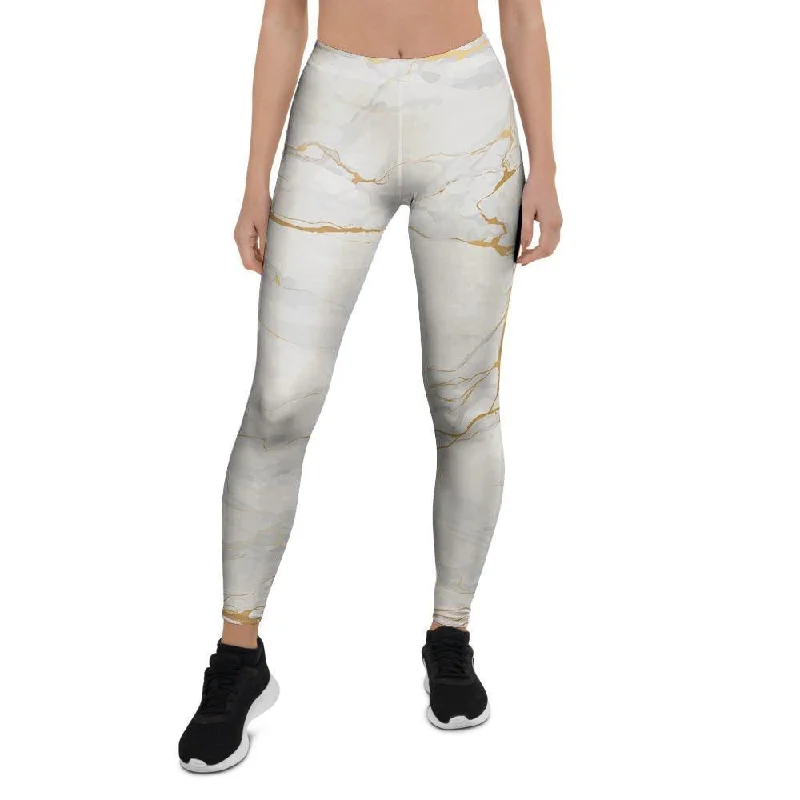 White Gold Marble Women's Leggings