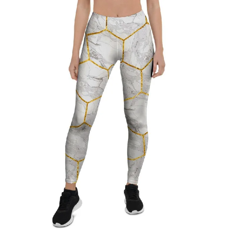 White Gold Tile Marble Women's Leggings