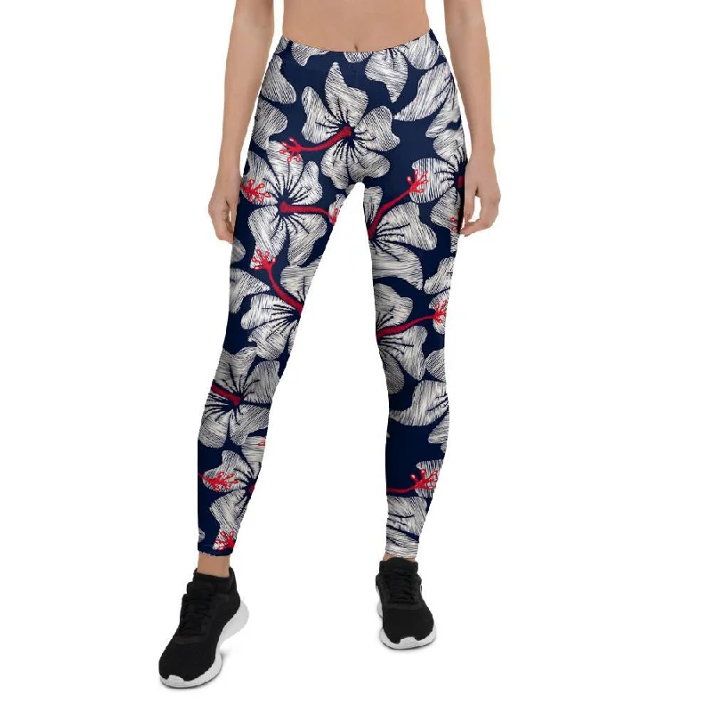 White Hibiscus Tropical Floral Hawaiian Print Women's Leggings