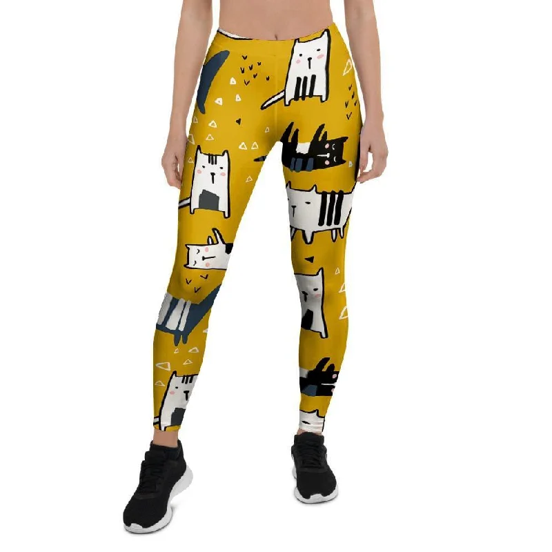 Yellow Doodle Cat Print Women's Leggings