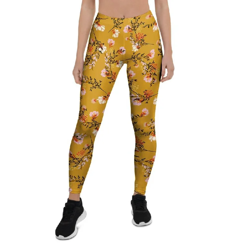 Yellow Floral Retro Print Women's Leggings